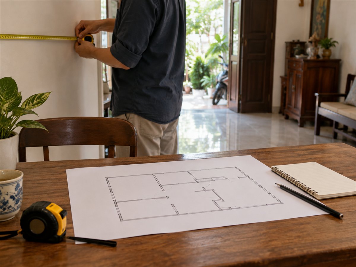 Người khảo sát ghi chép bố cục một căn phòng.