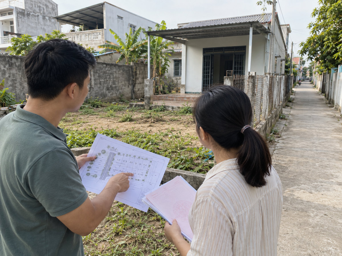 Gia chủ so sánh phương án nhà đất với bản vẽ khu đất tại hiện trường.