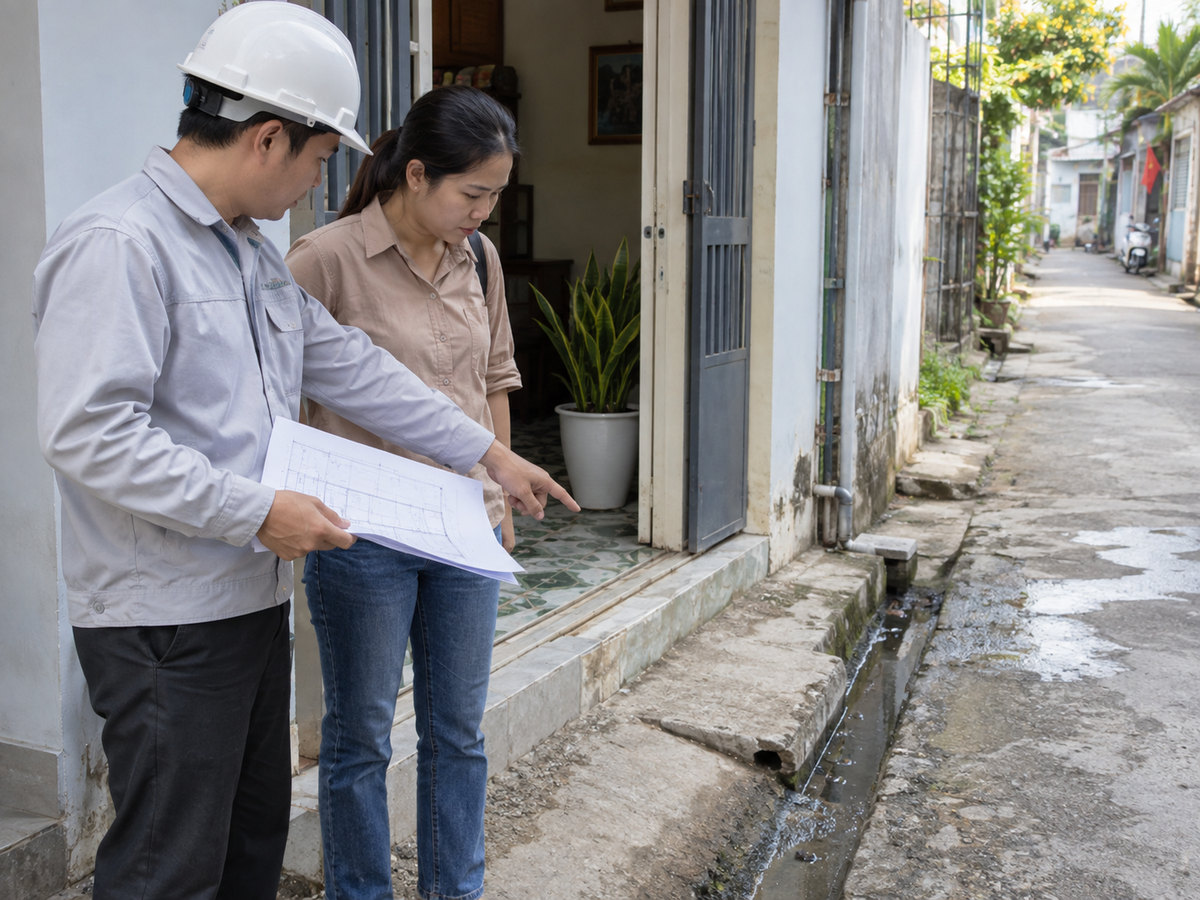 Người khảo sát cùng gia chủ xem lối vào và thoát nước quanh căn nhà.