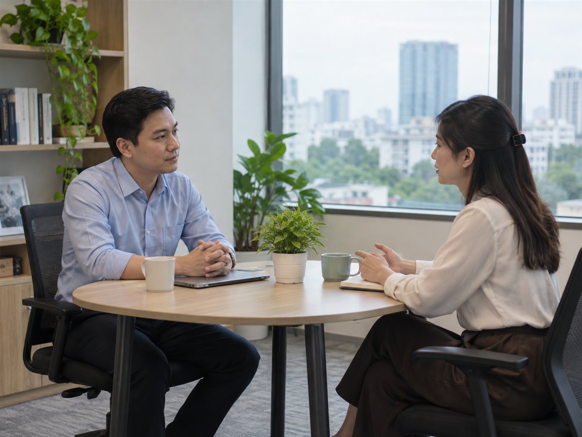 Hai đồng nghiệp trao đổi và lắng nghe trong công việc.