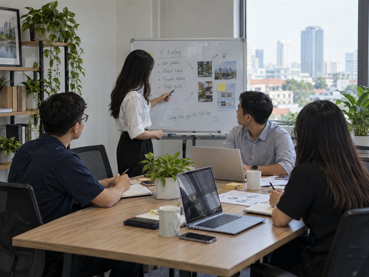 Nhóm đồng nghiệp cùng thảo luận trong buổi họp.