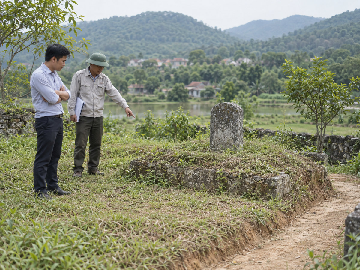 Người nhà và người khảo sát quan sát mộ phần đơn sơ cùng địa hình khu đất.