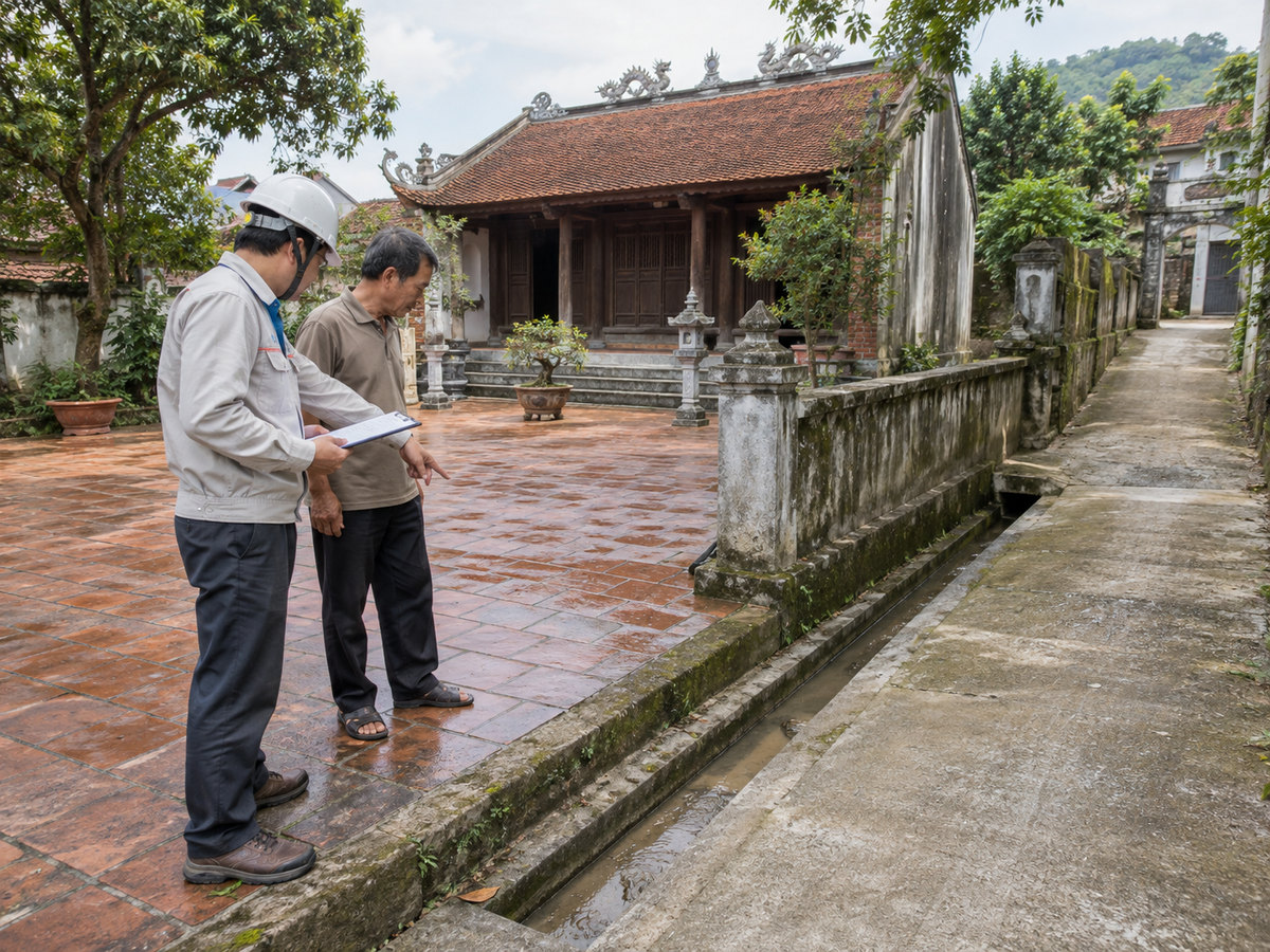 Người khảo sát cùng gia đình kiểm tra sân, lối tiếp cận và rãnh thoát nước nhà thờ họ.