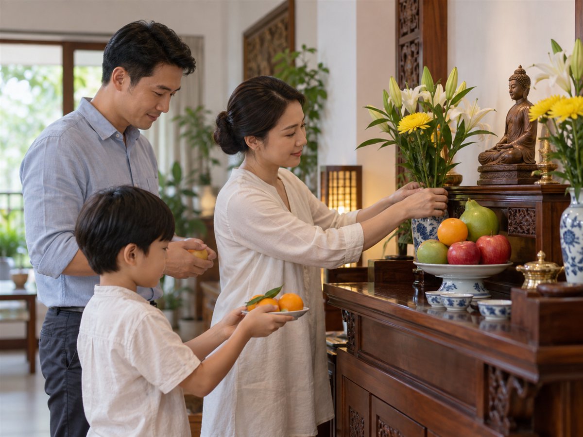 Gia đình chuẩn bị hoa quả cho nghi lễ tại nhà.