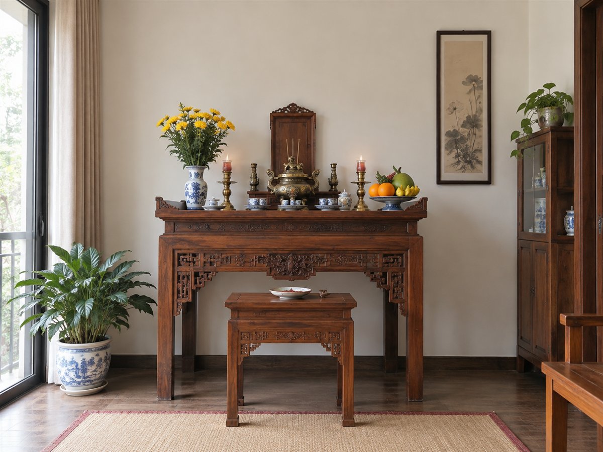 Không gian bàn thờ gia đình trong nghi lễ tưởng niệm.