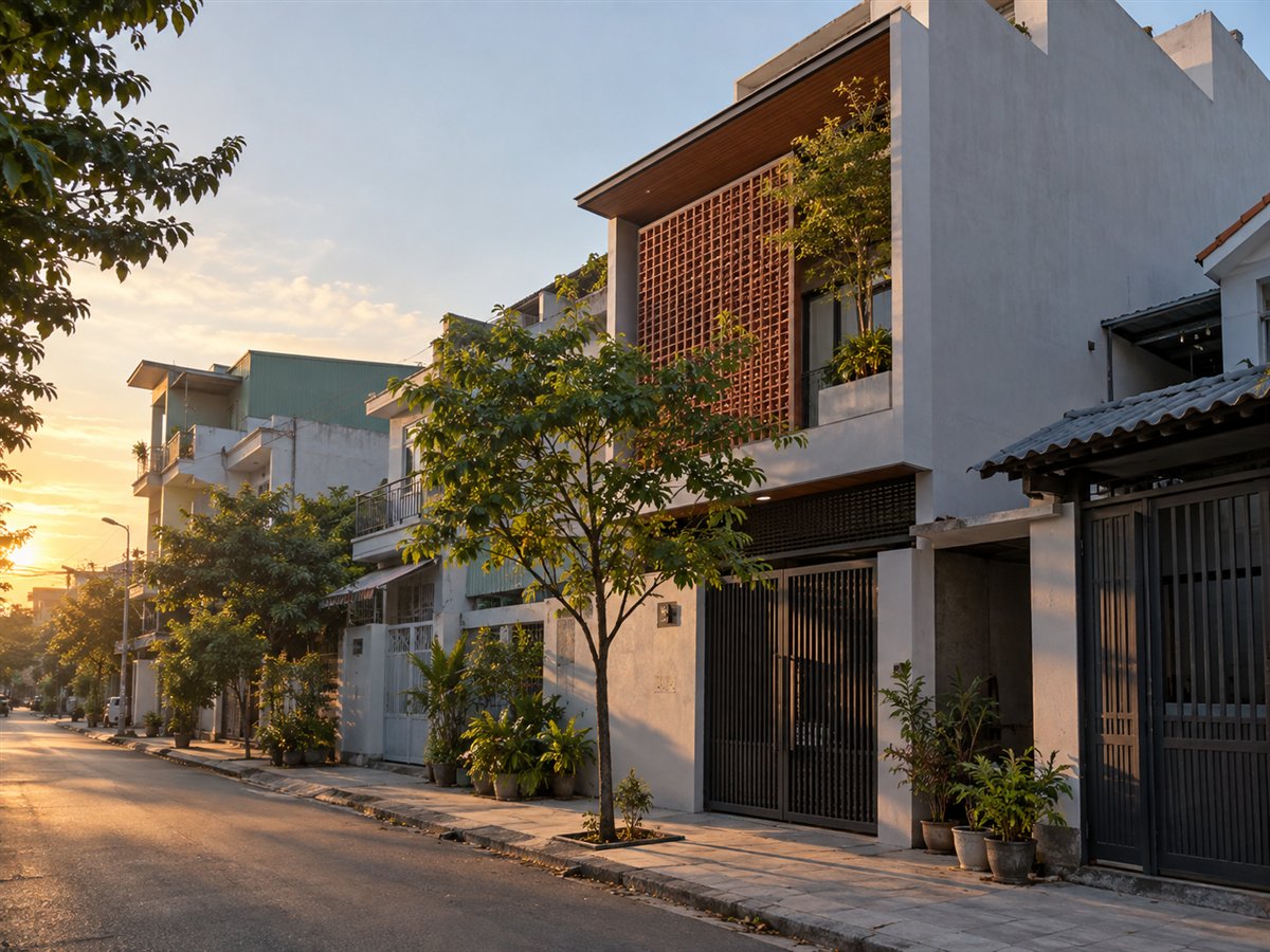 Ảnh minh họa nhà phố có mái che và lam thoáng giảm nắng chiều