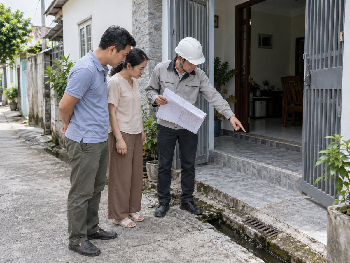 Gia chủ và người khảo sát kiểm tra lối vào và rãnh thoát nước trước khi điều chỉnh nhà đất.